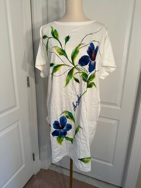 Vintage White Aruba Tee Dress with Hand-Painted Blue Floral Design Sz OS